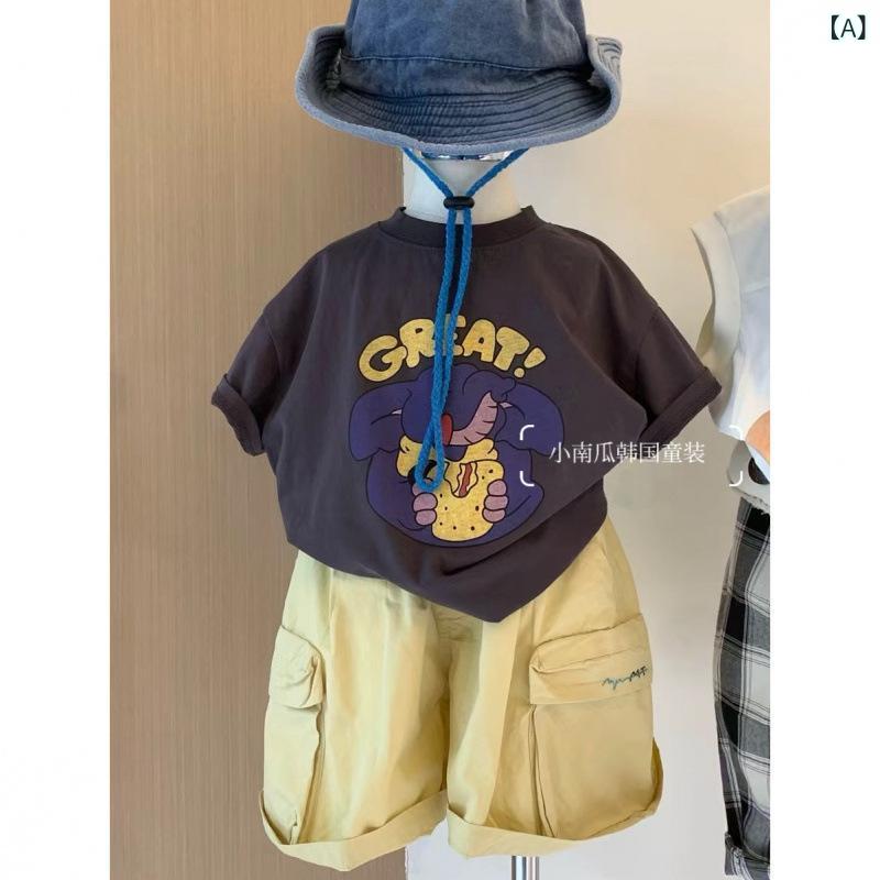 男児 子供服 春夏 夏 短袖 Tシャツ トップス 丸首 綿 薄手 接触冷感 吸湿速乾 カードプリント かわいい 柄 グレー ポケット 作業服風 短パン セット 普段使い カジュアル 軽量 伸縮性 8歳以上 140cm以上