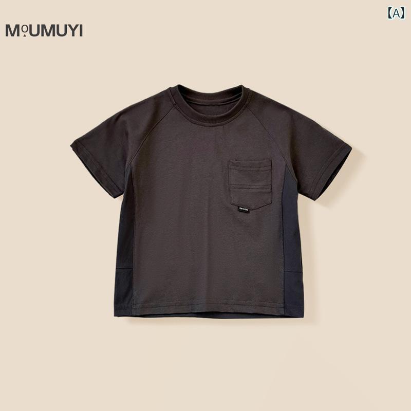 乐天商城 - 男児 子供服 セット 短袖 Tシャツ 口ポケット トップス 綿 柔らかい素材 薄手 無地 グレー ネイビー カーキ 工装パンツ 中丈 伸縮性 吸湿速乾 夏 春夏 シーズン 普段使い アウトドア 遊び着 3〜8歳 90〜140cm 2点組 韓国風 トレンド