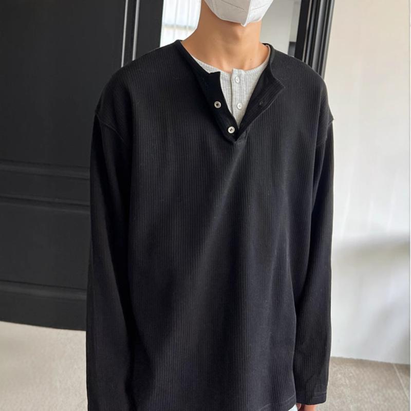 Tシャツ メンズ 長袖 切り替え 偽ツーピース 韓国風 ルーズフィット 丸首 セットインスリーブ ポリエステル 吸湿速乾 黒 グレー 秋冬 秋 冬 ゆったりシルエット 日常使い カジュアル 復古 ベーシック トップス インナー レイヤード