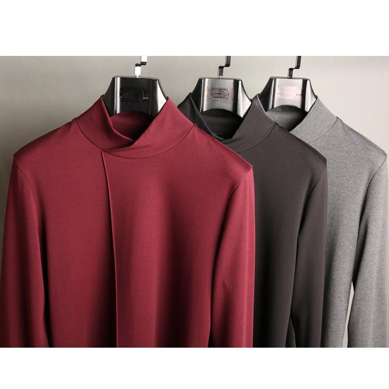 メンズ 長袖 Tシャツ 秋季 修身 立領 綿混紡 純色 ヒット 磨毛加工 透気性 針織袖 日常 ファッション トップス グレー ブラック カジュアル 軽量 伸縮性