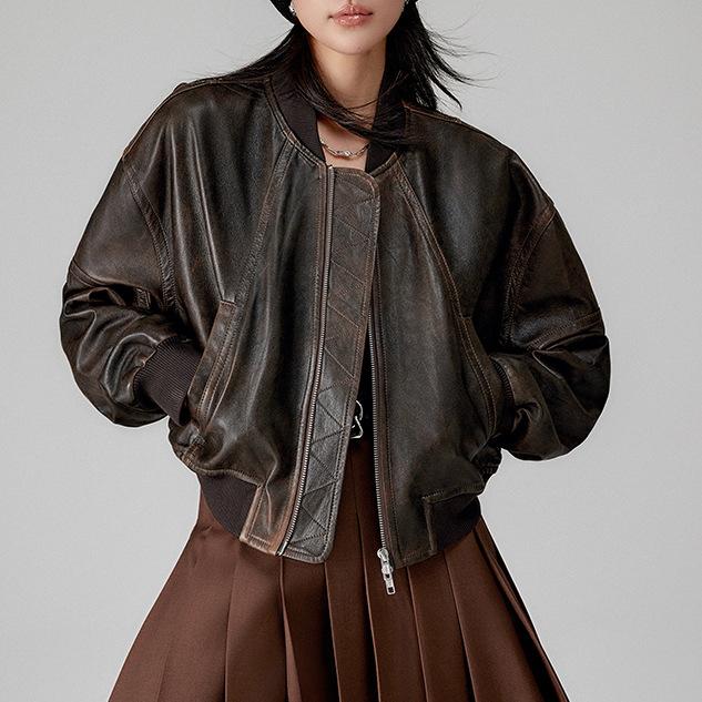 Rakuten - レディース 真皮 羊皮 ジャケット 秋冬 ロングスリーブ ルーズフィット ストリートスタイル ビンテージ ワッシュド加工 切り替えデザイン ブラック ダークブラウン ラフカジュアル コート トップス アウター 普段使い 軽量 柔軟素材 ハイネック ジップ