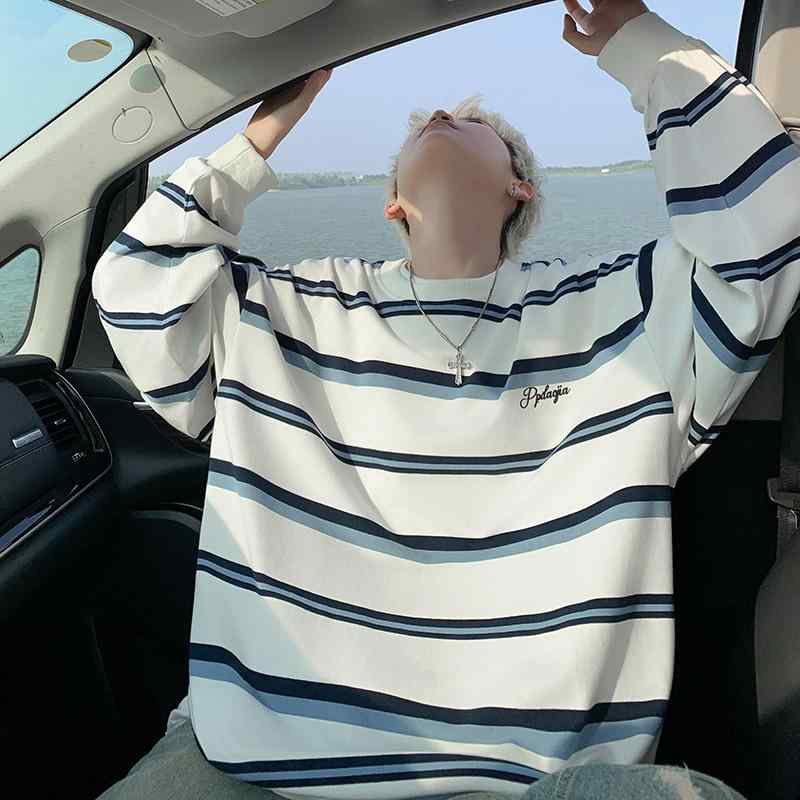 長袖Tシャツ メンズ 韓版 丸首 ストライプ柄 ゆったりシルエット 学生向け カジュアル トップス コットン混 伸縮性 切り替えデザイン 幾何学模様 秋冬 白色 ブラック ベージュ系 レイヤード 普段使い