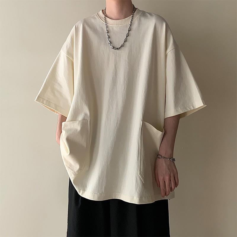 メンズ Tシャツ 半袖 トップス 男性用 短袖 夏 春夏 港風 韓国風 トレンド シンプル デザイン ゆったり ルーズ フィット レイヤード スタイル 日常 使い 普段着 綿混紡 ポリエステル 混紡 素材 丸首 ラウンドネック 落肩 袖 ドルマンスリーブ
