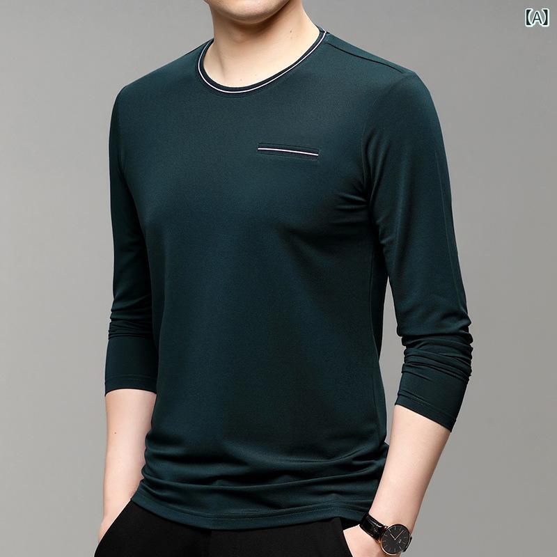 メンズ Tシャツ 長袖 桑蚕絲 モダール 混紡 トップス 丸首 ストレートシルエット 純色 親肌 快適 秋冬 春秋 日常 ビジネス カジュアル インクグリーン ダークレッド ネイビー グレー ホワイト ブラック 青年 紳士
