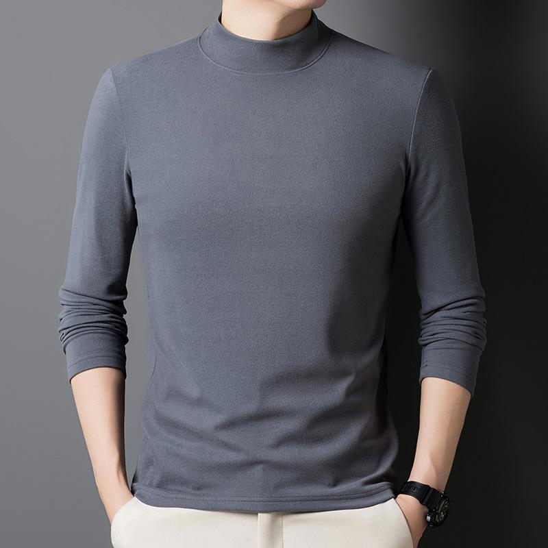 メンズ Tシャツ 長袖 半高領 純色 デュアルフェイス フリース 薄手 ゆったり シルエット ポリエステル 混紡 免アイロン 加工 グレー ホワイト カーキ ブラック 日常 使い 青年 向け 春秋 シーズン イン アウター レイヤード トップス インナー