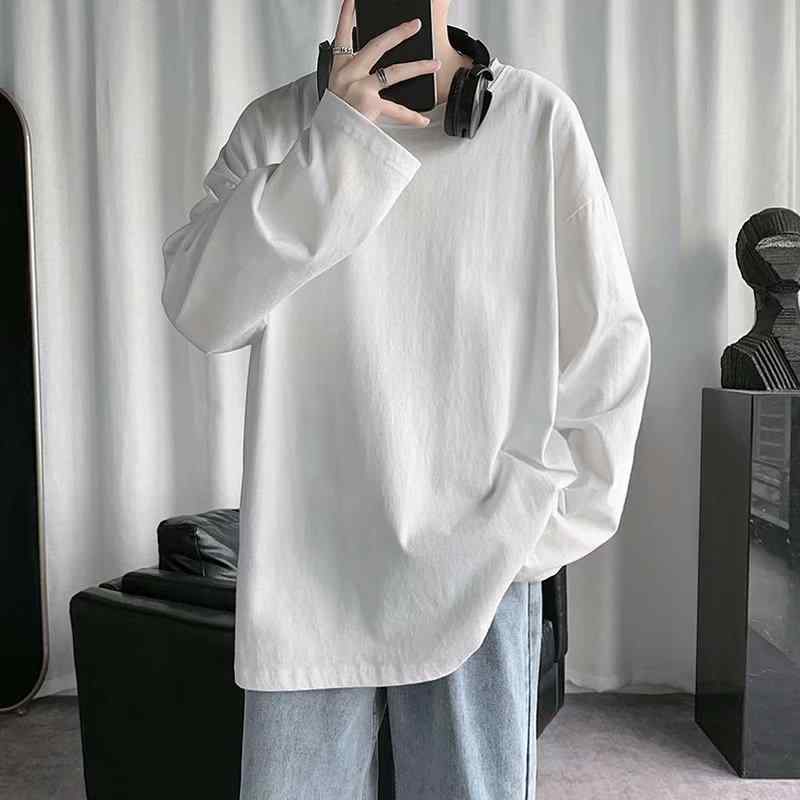 長袖Tシャツ メンズ 秋冬 春夏 コットン 綿100% 丸首 ルーズフィット ビッグシルエット 薄手 大きいサイズ ゆったり上着 トップス 無地 プリント柄 プレス加工 ノンアイロン ホワイト ブラック イエロー ライトグレー ダークグレー グレー系 ブ