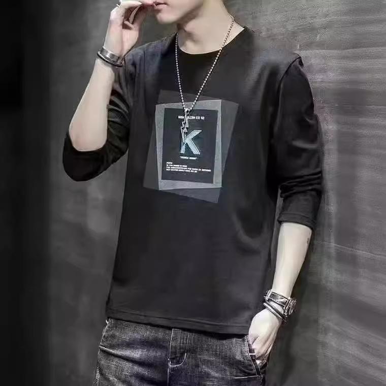 メンズ 長袖 Tシャツ トップス 修身 フィット 韓国風 春夏 秋冬 プリント 印花 アルファベット柄 ラウンドネック セットインスリーブ ポリエステル 再生繊維 吸湿速乾 通気性 耐久性 ブラック グレー ホワイト 日常使い ファッション ユース カジ