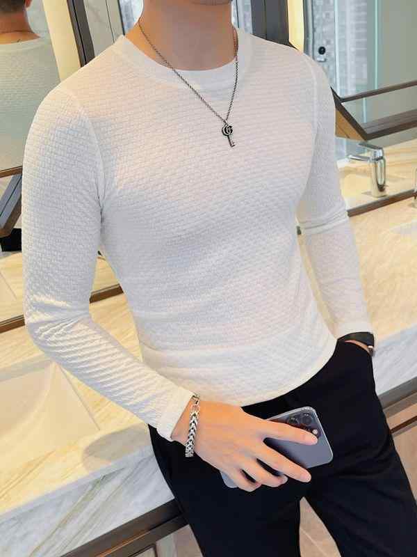 メンズ トップス 長袖 Tシャツ ラウンドネック プリーツ織り 修身 フィット 高伸縮 ポリエステル 混紡 格子柄 秋冬 休闲 カジュアル インナー 白色 グレー ブラック カーキ 青年向け セットイン ノンアイロン 加工 通常厚 350g 400g 重