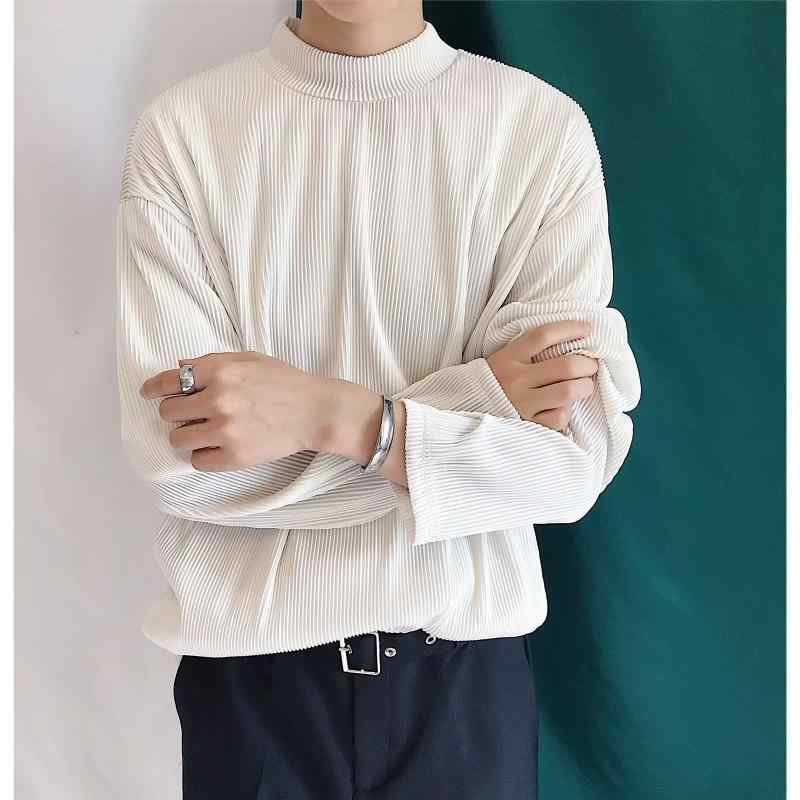 メンズ Tシャツ 長袖 半高領 ゆったりシルエット 垂感 プリーツ 縦ライン 純色 コットン混紡 ポリエステル 耐摩耗 免アイロン 日常使い 秋冬 春夏 青年向け 白色 ブラック ゆったりカジュアル レイヤード トップス ロング丈 暖か 軽量 ストレッチ