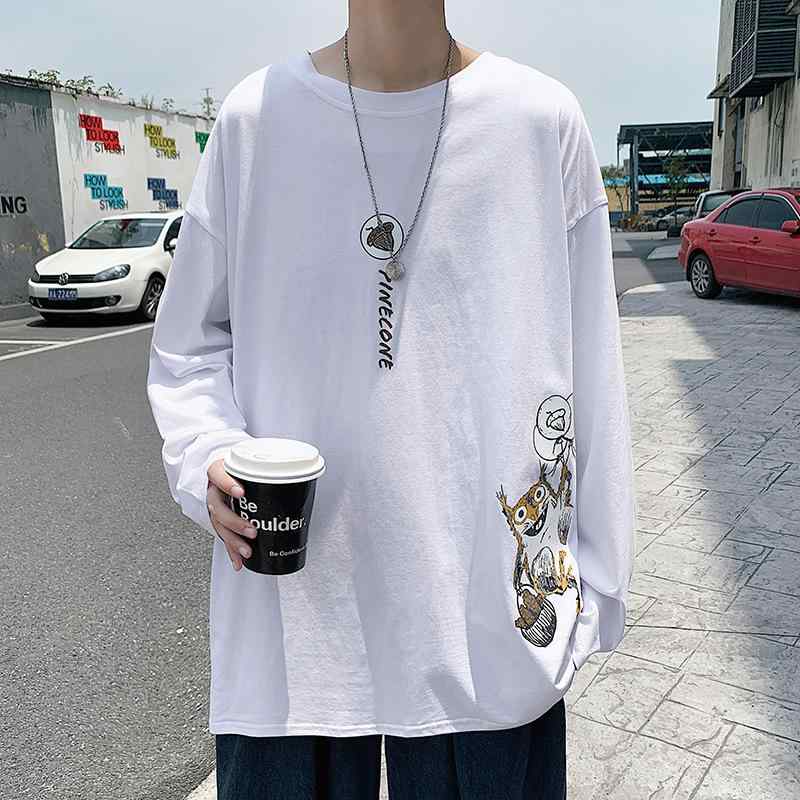 長袖Tシャツ メンズ ゆったり 韓国風 青少年 ラウンドネック プルオーバー 打底 ファッション トップス プリント カードプリント ポリエステル 涼感 吸湿速乾 ユニセックス ブラック ホワイト ライトブルー 秋冬 春秋 日常使い 秋 冬 春 夏 対応