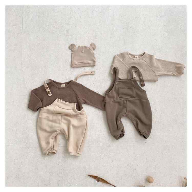 ベビー 男女兼用 春秋 背広 長袖 Tシャツ セット 綿 柔軟 かわいい 純色 中腰 ボタン 長ズボン 通年 部屋着 普段使い 軽量 伸縮性 アイボリー ピンク ブラウン 1-3歳 70-100cm