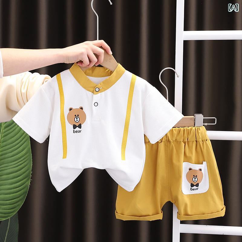 キッズ 男の子 女の子 夏 服 セット トップス 短袖 半ズボン 綿 薄手 柔らかい 接触冷感 かわいい プリント 熊柄 ポケット付き 翻領 純色 黄色 緑 白色 黒 赤 橙 灰 青 夏服 通気性 吸湿速乾 普段使い アウトドア 子供服 3-8歳 100