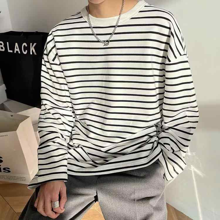 メンズ Tシャツ ストライプ柄 長袖 丸首 ゆったりシルエット コットン混紡 抗菌加工 切り替えデザイン 春秋 黒 白 休闲 トップス 百搭 レイヤード シャツ ユニセックス ティーン ゆったりフィット 混紡素材 街着 秋冬 春夏 通勤 普段使い