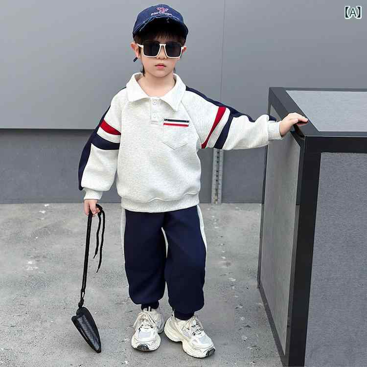 キッズ 男の子 ポロシャツ 長袖 トップス 長ズボン 綿 柔らかい 春秋 春夏 秋冬 ポケット セット 2点 セット 長袖 カジュアル 普段使い ライト ネイビー 3～8歳 100～140cm