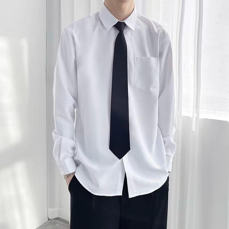 長袖シャツ メンズ レディース ユニセックス セット 韓国風 日系 ワイド ルーズフィット 学生服 卒業写真 クラス服 カジュアル トップス 開襟 長袖 無地 ポケット ポリエステル 混紡 耐摩耗 日常使い 青少年向け 通年 白色 ブラック