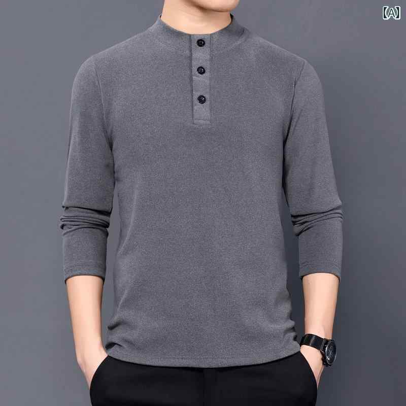 メンズ トップス 長袖 Tシャツ 秋冬 半高領 立襟 直筒 シルエット 加厚 保暖 厚手 ポリエステル 混紡 無地 ソリッドカラー 免烫 加工 深灰 黒 コーヒー ブラックグレー ネイビー ゆったり フィット 休闲 スタイル 青年向け