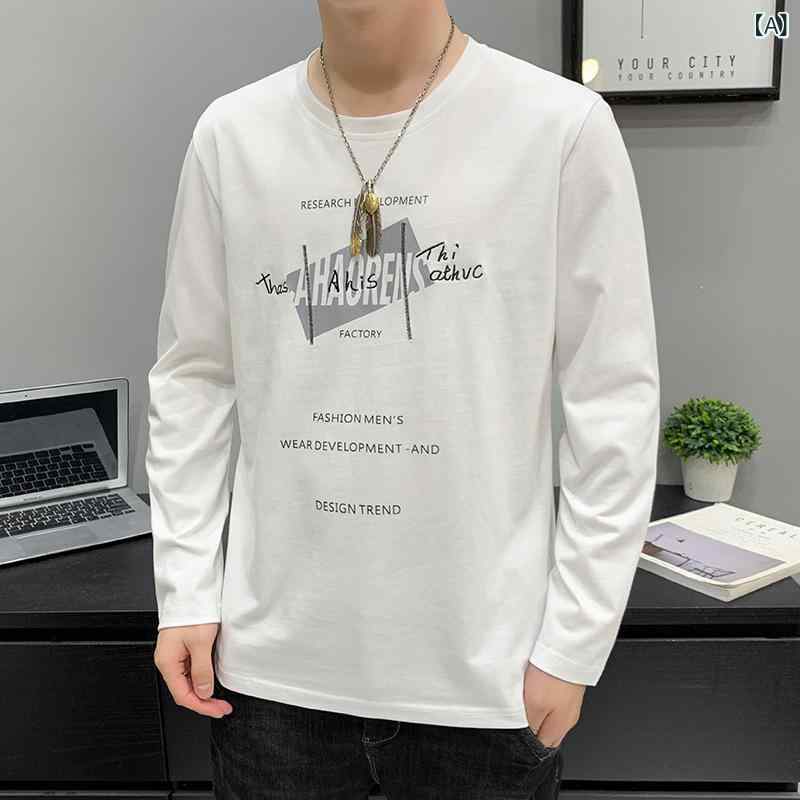 メンズ 長袖 Tシャツ トップス コットン 打底 インナー プリント ロゴ 丸首 ストレートシルエット ゆったり カジュアル 普段使い 秋冬 白色 ブラック ネイビー ダークグレー