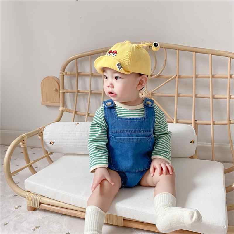 ベビー ユニセックス コットン デニム 連体 背広 ズボン ハーネス スタイル 大ポケット 無袖 韓国風 三角型 クローラー 服 通気性 伸縮性 春夏 秋 緑 ストライプ トップス 組み合わせ 男の子 女の子 1-3歳 66-90cm