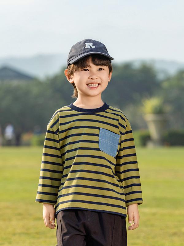 子供服 キッズ 男女用 長袖 トップス 条紋 切り替え ポケット 綿素材 柔軟 春秋 春季 グリーン イエロー 運動風 英倫 潮 欧美 百搭 個性 中小童 3〜8歳 90〜150cm 通学 普段使い 軽量 伸縮性 吸湿速乾 ビッグシルエット カジュアル