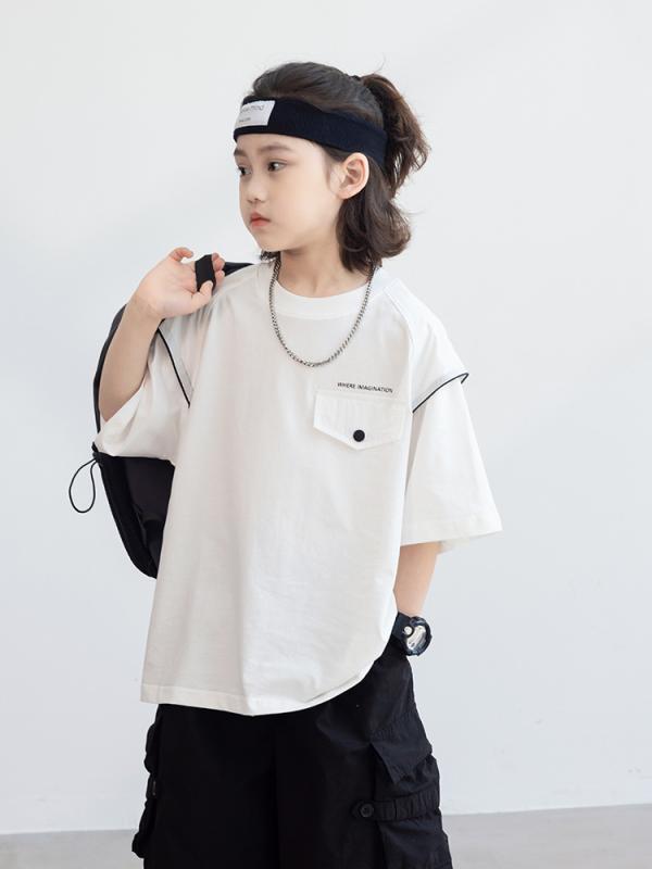 男児 半袖 Tシャツ 夏用 子供服 トップス 綿素材 吸湿速乾 丸首 胸ポケット 白色 柔らかい 潮スタイル 韓風 8歳以上 中大童 普段使い 通気性 軽量 カジュアル 春夏