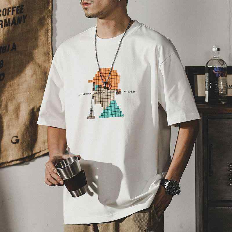 メンズ Tシャツ 男性用 短袖 トップス 純棉 綿素材 200g 重厚 ゆったり ルーズフィット 落肩袖 丸首 セットアップ ストリート ヒップホップ スタイル 青年向け 印花 抽象 プリント 猫 モチーフ 白色 ブラック カラーバリエーション 通勤 普