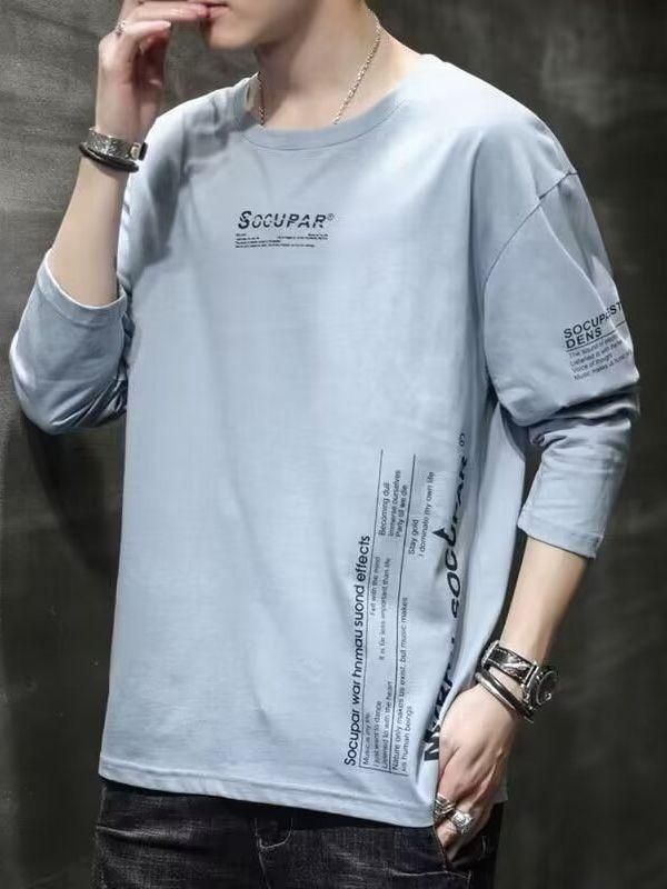 長袖 Tシャツ メンズ 修身 秋 トレンド トップス 薄手 ポリエステル 混紡 ロゴ プリント 黒 白 灰 ブルー 日常 レイヤリング 吸湿速乾 伸縮性 軽量 ストリート ファッション クリエイティブ デザイン ロングスリーブ クルーネック セットインス