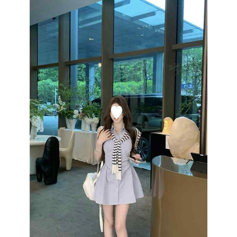 ワンピース レディース 夏 無袖 ポロカラ 収腰 プリーツ ロングスカート セット ショール アクセサリー 都市風 通勤 気質 スタイル 綾纶 ポリエステル 混合 軽量 通年 普段使い カジュアル コーディネート セットアップ トップス スカート 組み合