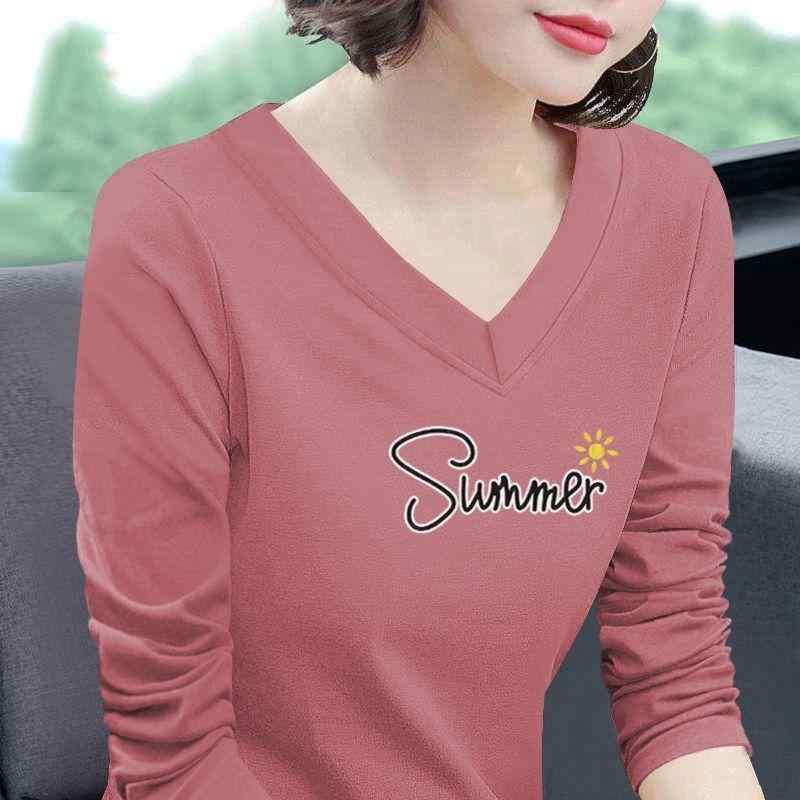 Tシャツ レディース 長袖 Vネック 100%コットン 綿素材 春 紫色 西瓜赤 黄色 黒 白色 幾何柄 印花 気質 通勤風 百搭 打底 潮 韓国風 大きいサイズ スリム トップス 上衣 セットアップ 袖型 セットネック 彩色 春季 2024 春 気質通