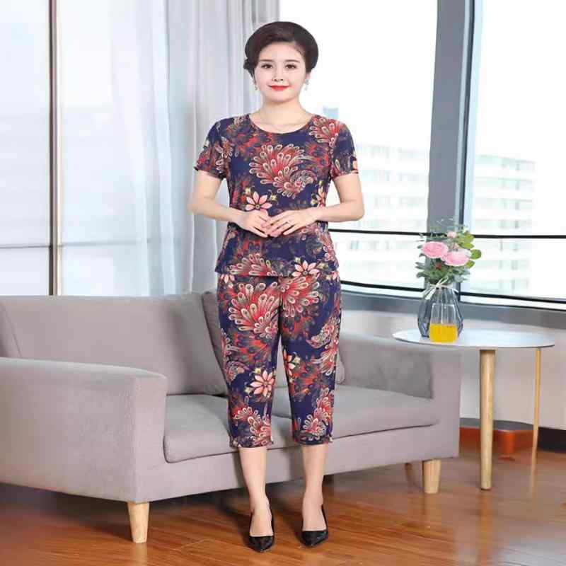 レディース セットアップ 夏用 接触冷感 トップス 七分パンツ セット 花柄 ストライプ柄 切り替えデザイン 伸縮性 薄手 再生繊維 醋酸繊維 気質通勤 韓流スタイル 都市カジュアル 快適リラックス ゆったり大サイズ 中年向け ママコーデ 普段使い 軽量