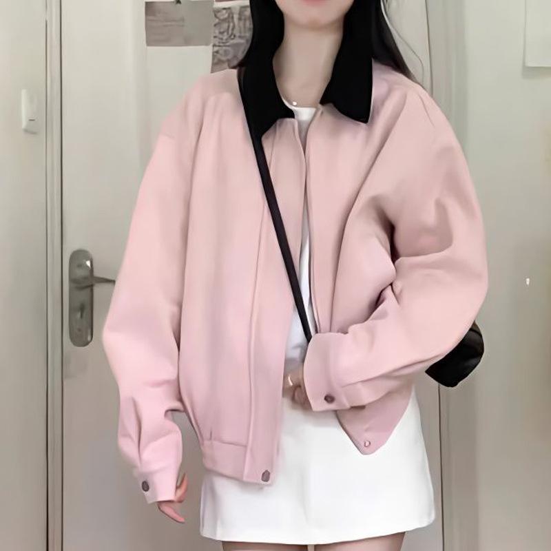 秋冬 レディース コート ピンク 翻領 ジャケット 棒球服 スタイル 長袖 厚手 ポリエステル 混紡 スパンデックス ストレッチ 切り替え デザイン ポケット ルーズフィット シンプル 日常使い 快適 ゆったり ファッション アイテム コージー トップス