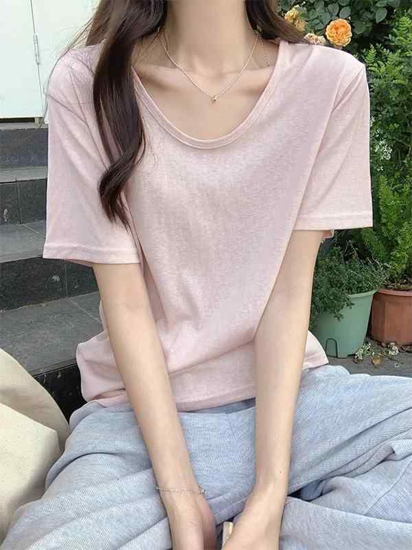 Rakuten - Tシャツ 女性用 夏 通勤風 Vネック 短袖 雪花綿 綿麻 ピンク 白色 ブラック 微透 セットインスリーブ ルーズフィット 体型カバー 気質スタイル 接触冷感 吸湿速乾 軽量 再生繊維 ハイゲージ ソフトタッチ スタイリッシュ トップス 普段使い 柔ら