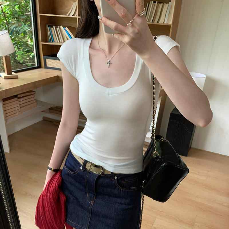 Tシャツ 女性用 Vネック ノースリーブ ガウン風 トップス 修身 スリムフィット 通勤用 気質 春夏 薄手 軽量 レイヨン ウール混 ソリッドカラー 肩出し セットインスリーブ 普通丈 ベージュ ブラック ホワイト ピンク 通勤スタイル カジュアル 吸