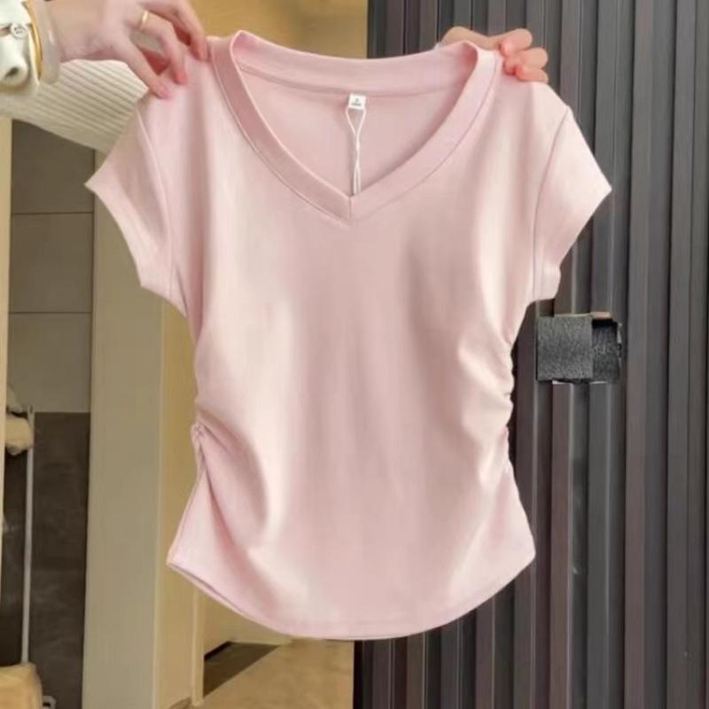 Tシャツ 女性用 夏 かわいい Vネック 肩出し 短袖 修身 スリム 韓流 デザイン コットン 綿 アニタ 伸縮性 接触冷感 切り替え ピュアカラー セットイン 気質 通勤 都市 ブラック ホワイト ピンク ライトブルー ライトグレー チャコール ダーク