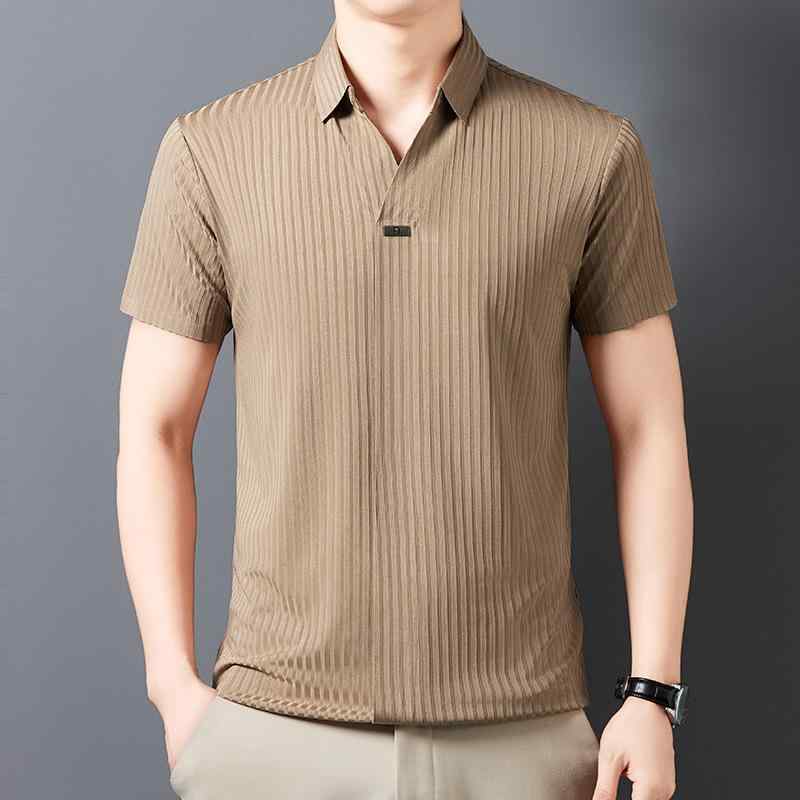ポロシャツ メンズ 夏季 短袖 Vネック 条紋 切り替え 接触冷感 ニット混紡 吸湿速乾 透気性 軽量 薄手 修身 ルーズフィット カジュアル ビジネス 普段使い 白色 ブラック ライトグリーン カーキ グレー