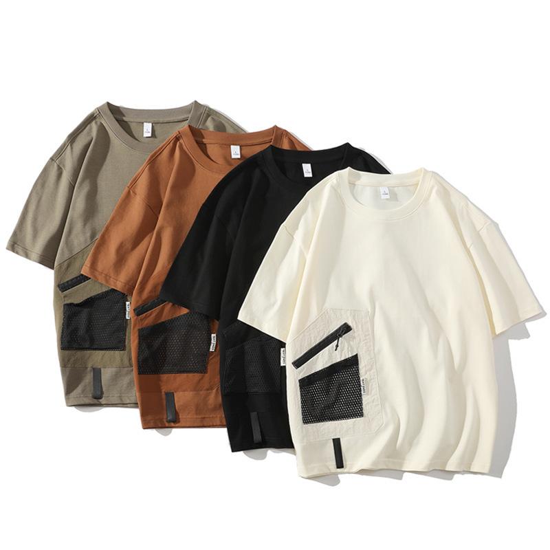 メンズ Tシャツ 短袖 丸首 薄手 ゆったり 韓国風 デザイン 潮 日常 黒 グレー ブラウン ベージュ ポリエステル 混紡 透気 ポケット 切り替え 夏 トップス 上着 男子 服 青少年 18-24歳 ゆったりシルエット 吸湿速乾 軽量 吸い付く肌触り
