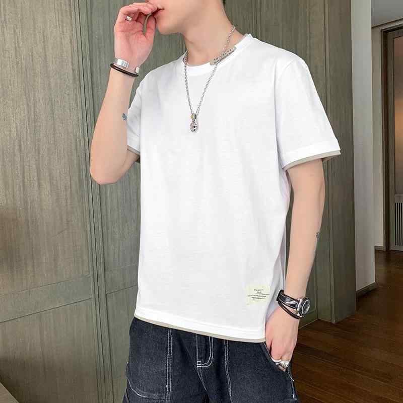 メンズ 短袖 Tシャツ トップス 夏用 韓風 トレンド かっこいい 純棉 綿素材 ラウンドネック ルーズフィット 無地 ポケット付き 白色 ブラック イエロー グリーン ゆったりシルエット 吸湿速乾 軽量 普段使い カジュアル