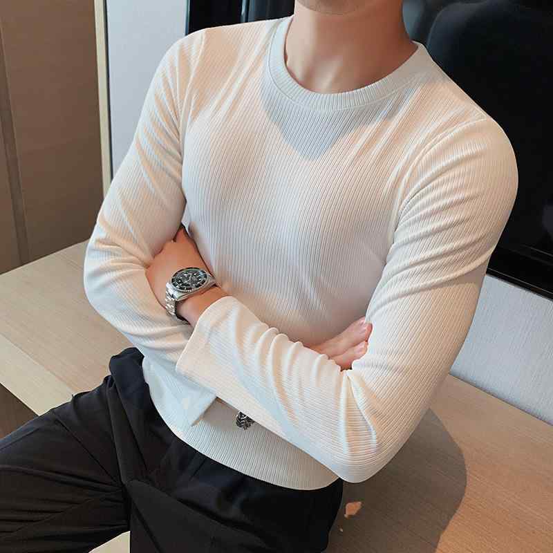 メンズ 長袖 Tシャツ 修身 ラウンドネック 春季 ストライプ トップス インナー ユニセックス コットン風 ポリエステル 透気性 軽量 ロブヘッド 普通厚 白色 ブラック ブラウン コーヒー色 ユース 18-24歳 韓国スタイル カジュアル ストリート