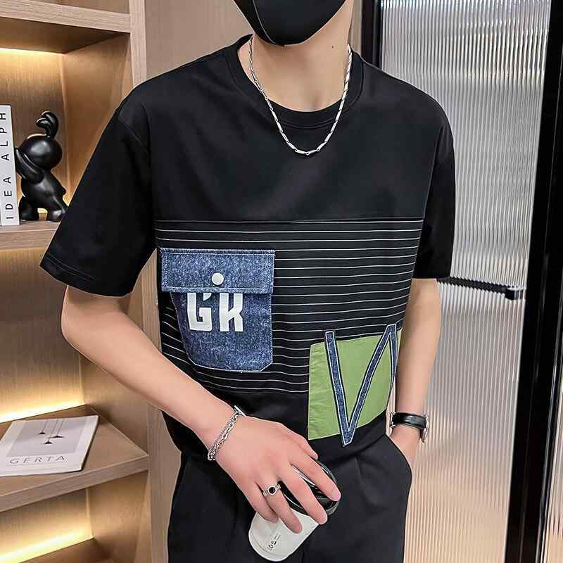 Tシャツ メンズ 短袖 切り替え ツートンカラー 韓国風 ルーズフィット 半袖 上衣 綿混紡 透気性 丸首 ポケット 青春スタイル 日常使い 春夏 白色 ブラック カーキ グリーン