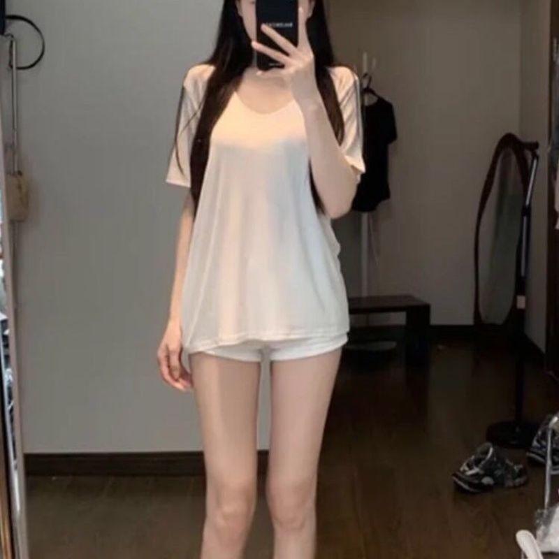 Tシャツ 女性用 モダール混紡 接触冷感 白 無地 Vネック 短袖 ゆったりシルエット 修身デザイン 軽量 通勤 普段使い 気質 快適 吸湿速..