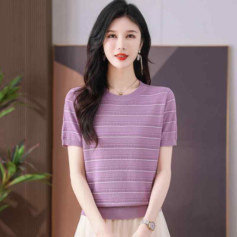 レディース 春夏 Tシャツ トップス 短袖 丸首 収腰 切り替え 刺繍 桑蚕絲 接触冷感 薄手 抗起球 条紋 格子 ピンク グリーン パープル ベージュ ミント かわいい 普段使い 部屋着 カジュアル 軽量 伸縮性 吸湿速乾 百搭 気質 ゆったり シルエ