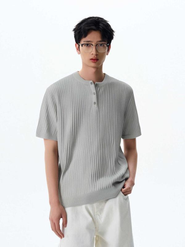 メンズ 短袖 Tシャツ ヘンリーネック 半袖 トップス 韓国風 ゆったり シルエット 切り替え デザイン ポリエステル 混紡 透気性 グレー ブラック 夏 春夏 秋 シンプル レイヤード 普段使い カジュアル ストリート ファッション 軽量 上質 感 吸