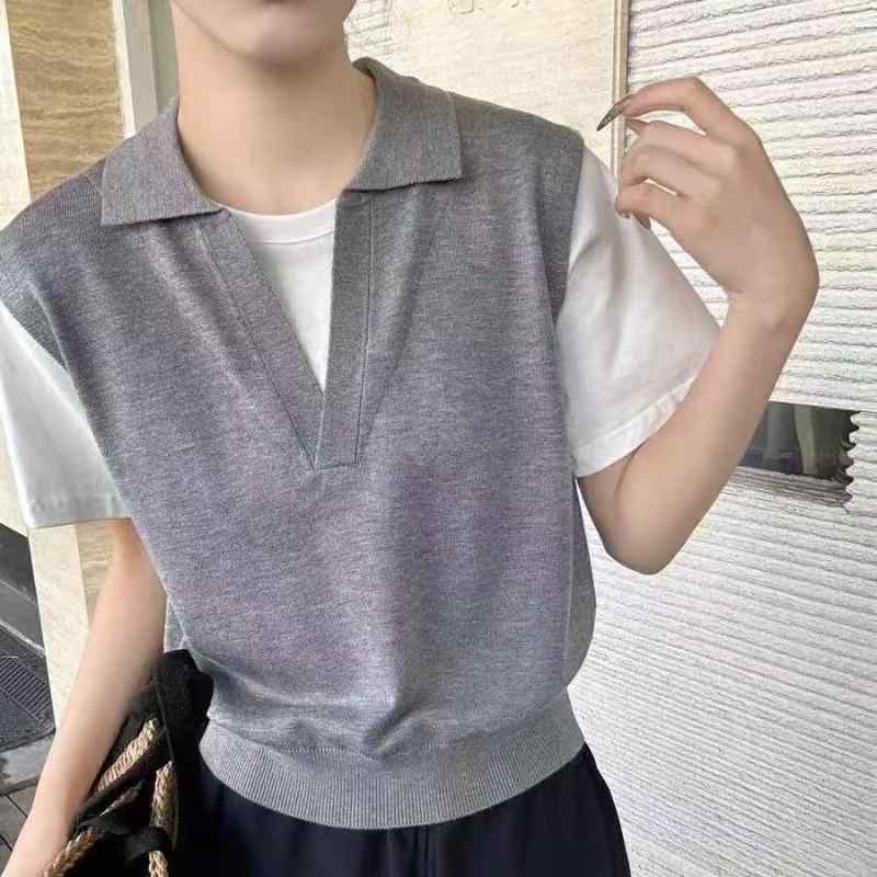 Long-Sleeved Knit - 短袖 針織トップス 韓国風 切り替え 偽ツーピース POLO領 女性用 ゆったりシルエット 薄手 綿ポリエステル混紡 グレー ブラック ストライプ 春夏 快適カジュアル 日常使い 軽量 吸湿速乾 スタイリッシュ スリム効果