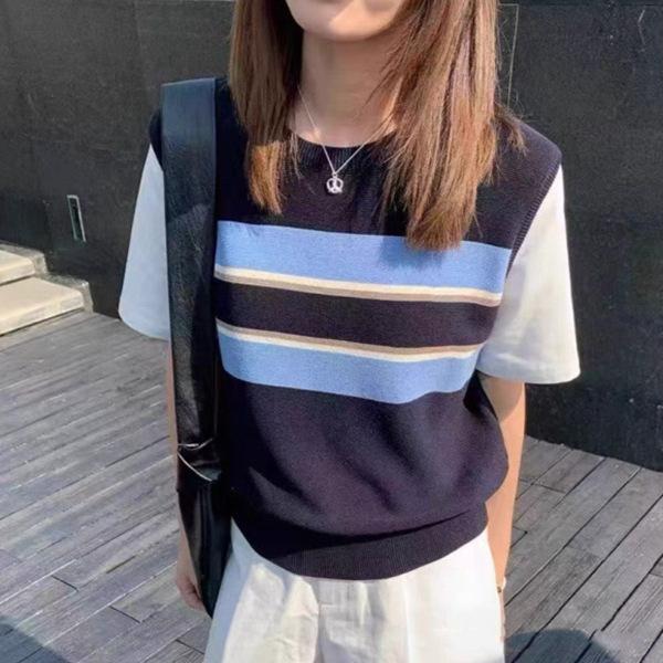 ニット トップス レディース 春夏 条紋 切り替え 丸首 半袖 韓国風 ゆったり 薄手 接触冷感 ポリエステル グレー ブラック ベージュ ブ..