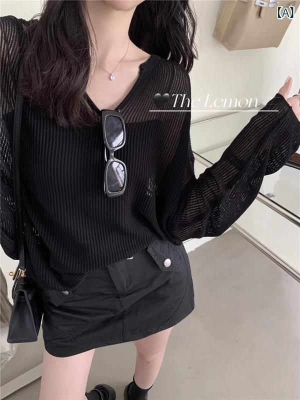 Tシャツ 女性用 長袖 Vネック 薄手 透け感 防晒 夏 春夏 慵懒風 ルーズシルエット 切り替え 針織 綿ポリエステル 接触冷感 吸湿速乾 ブラック ホワイト カーキ ベージュ ピンク 通勤 普段使い カジュアル 軽量 伸縮性 高級感 アイスカラ