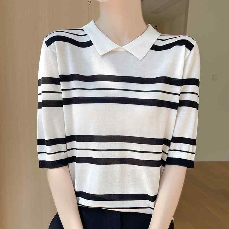 Tシャツ 女性用 春夏 薄手 天絲 レイヨン 繊維 ストライプ パターン ポロ 襟 5分袖 デザイン 感 韓風 ファッション セット イン トップス 気質 通勤 スタイル 気質 優雅 3D 立体 柄 切り替え 加工 白色 ブラック カラーバリエーション