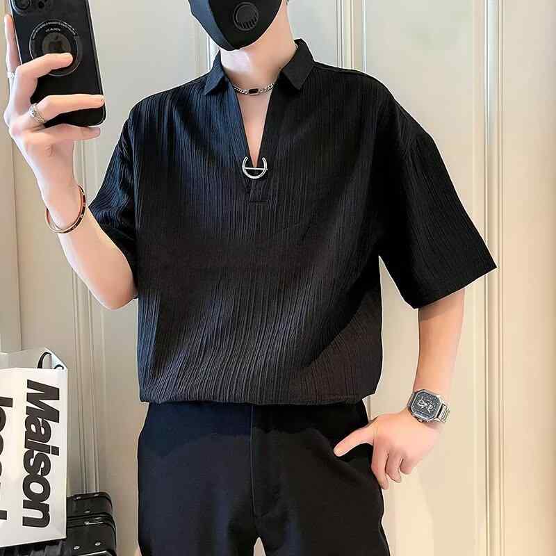 Rakuten - メンズ Tシャツ ポロシャツ 男性用 Vネック 半袖 短袖上衣 ゆったりシルエット ワイドフィット 涼しい 吸湿速乾 ポリエステル混紡 化繊混紡 無地 ソリッドカラー ブラック ホワイト 夏用 夏季 日常着 通勤 普段使い カジュアル ストリートファッシ