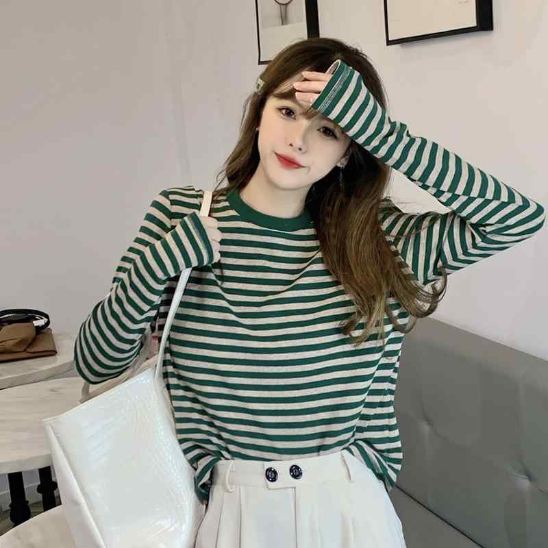 Rakuten - Tシャツ 女性用 長袖 秋冬 緑 ブラック ストライプ 切り替え 接触冷感 伸縮性 雪ニール素材 軽量 ラフスタイル ラウンドネック ルーズフィット カジュアルトップス 私服 軽熟風 プリント加工 平面デザイン 普通丈