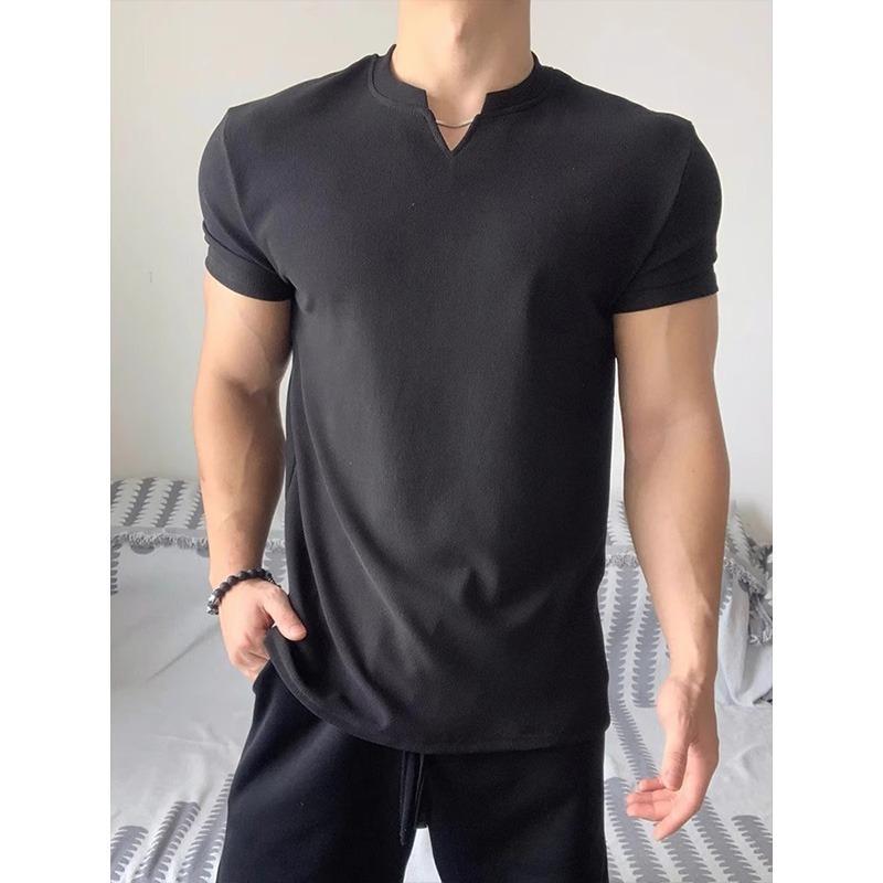 Tシャツ メンズ 短袖 白色 Vネック 肩出し 韓国風 夏用 フィットネス 運動 ゆったりシルエット ポリエステル 速乾 免アイロン 加工 半袖 トップス 男性用 青少年向け 日常 休闲 ブラック グレー 吸湿速乾 軽量