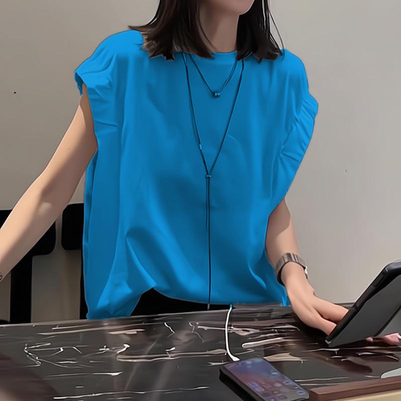 Tシャツ レディース 夏 韓国風 丸首 短袖 ノースリーブ風 ゆったり スリム 無地 ポリエステル 接触冷感 アイロン不要 吸湿速乾 ブルー 通勤 普段使い カジュアル 軽量 伸縮性 日韓スタイル