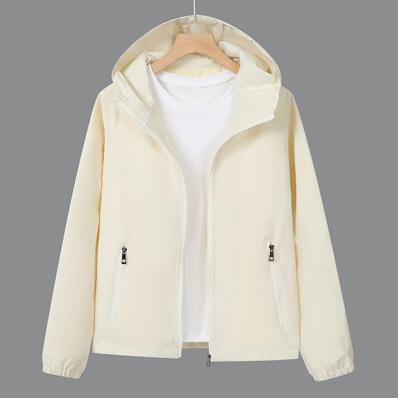 Coat - レディース フーディ ジャケット 春夏 秋冬 防風 透気 軽量 ポリエステル 長袖 加長 ハイウエスト ルーズフィット トレンド カジュアル 通勤 ブラック ミルクホワイト ピンク ライトグリーン ライトパープル ビッグサイズ